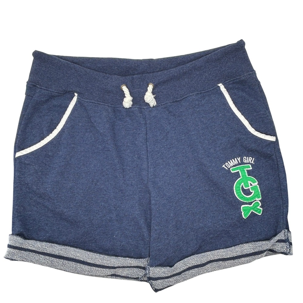 Tommy Girl Blue Sweat Shorts Lounge Drawstring Pockets Striped Hem Womens Size L